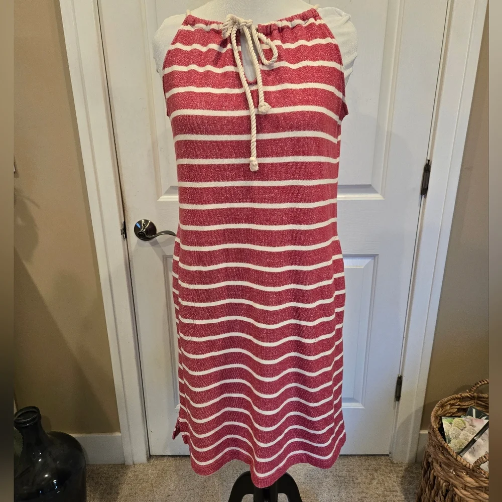 Red and White Striped Sleeveless Terry Cloth Dress - Picture 1 of 9